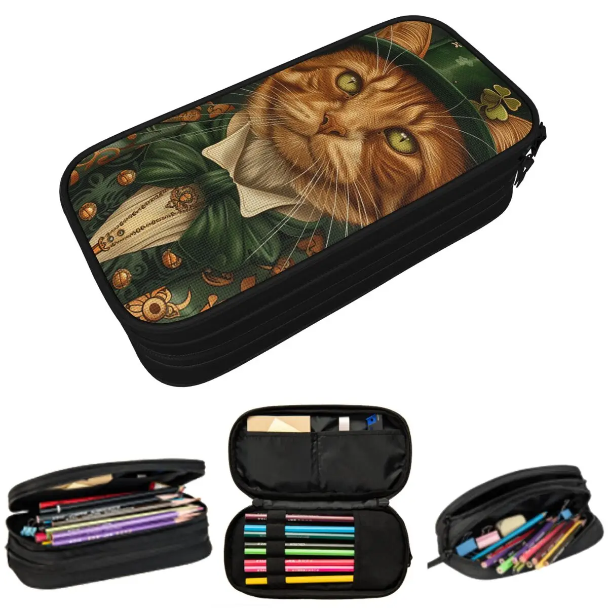 

Fantasy Cat Wearing A Suit With A Green Design Pencil Case for Kids Gifts Pen Box Pencil Bag Stationery Supplies Pen Holder Bag