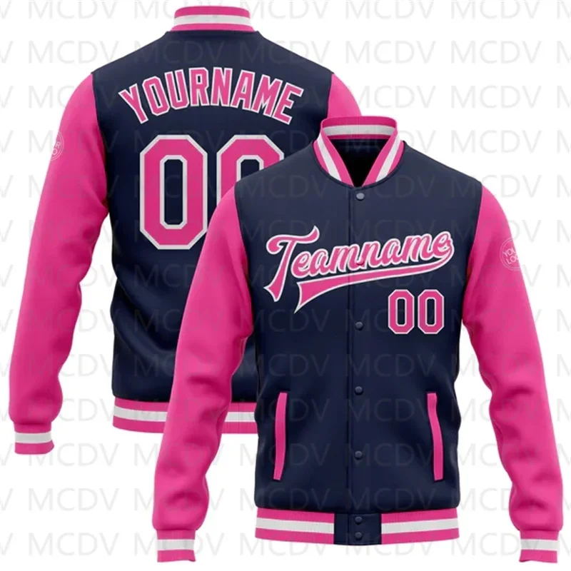 Custom Navy Pink-White Bomber Full-Snap Varsity Letterman Split Fashion Jacket