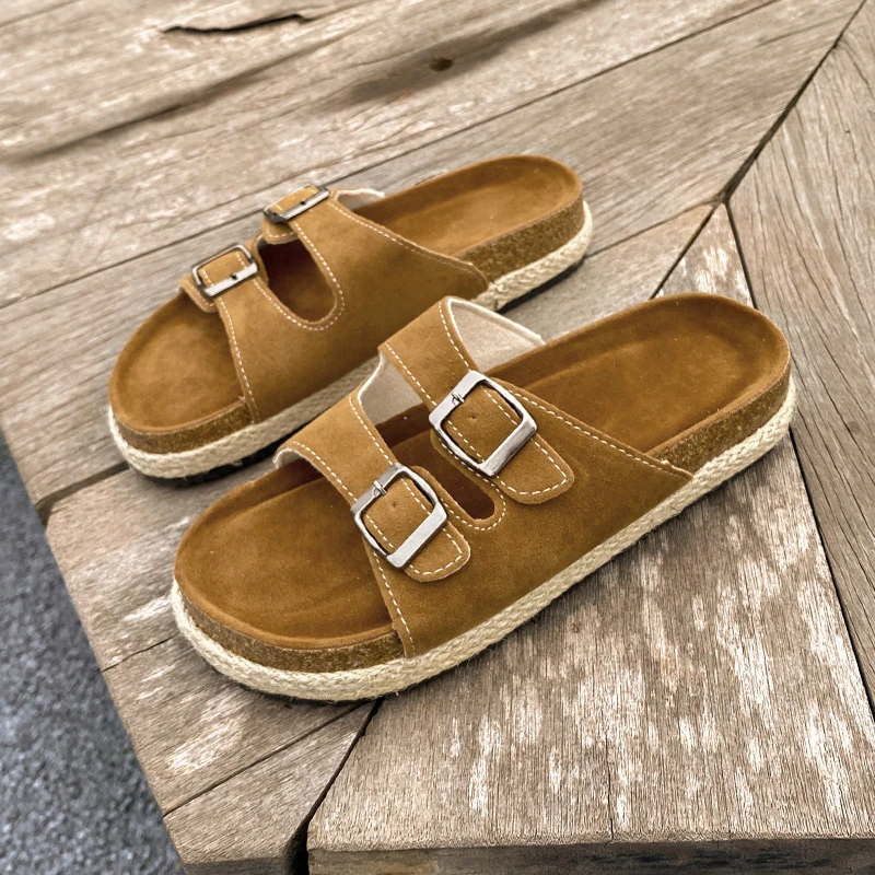 

New Fashion Women's Suede Mules Slippers Men Clogs Cork Insole Sandals with Arch Support Outdoor Beach Slides Home Shoes