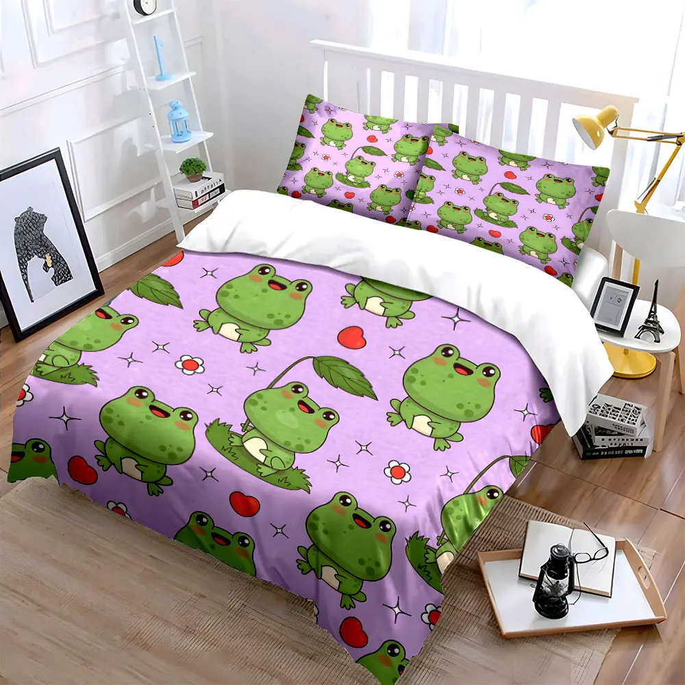 Cute Frogs with Hearts and Flowers Bedding Set for Kids Luxury Gift 3pcs Digital Print Comforter Set Soft Comfortable Breathable