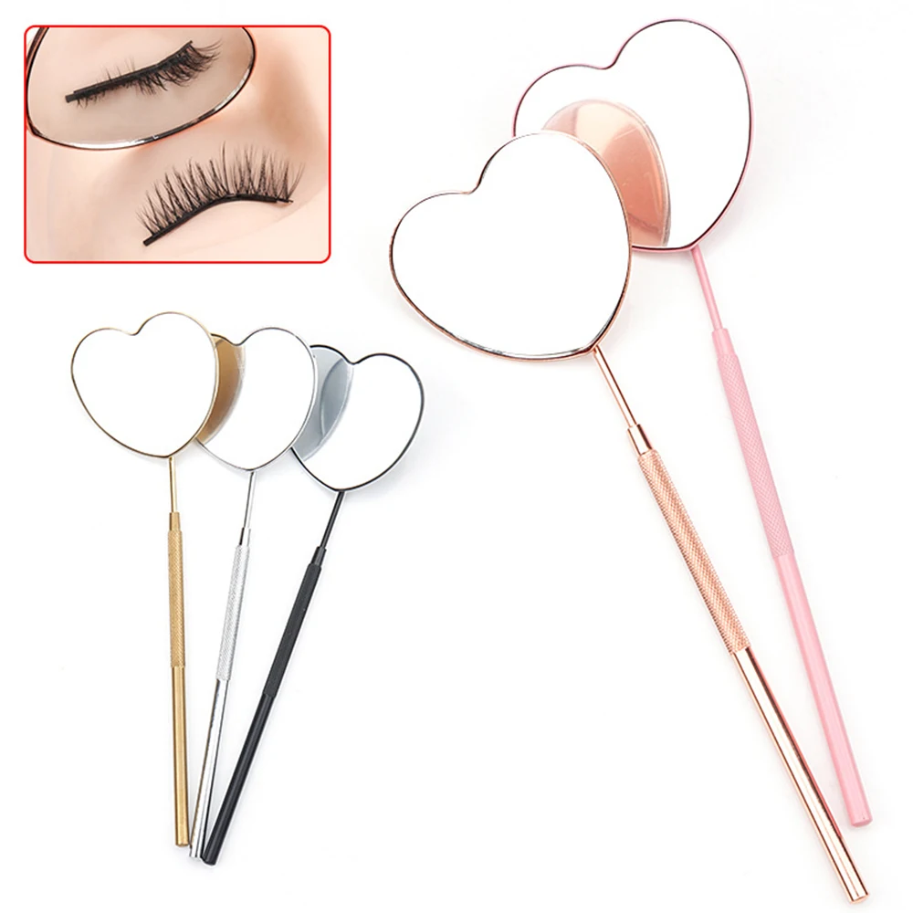 1pc False Eyelashes Mirror Connected To Eyelash Inspection Mirror Heart Shaped Long Handle Magnifying Cosmetic Tool