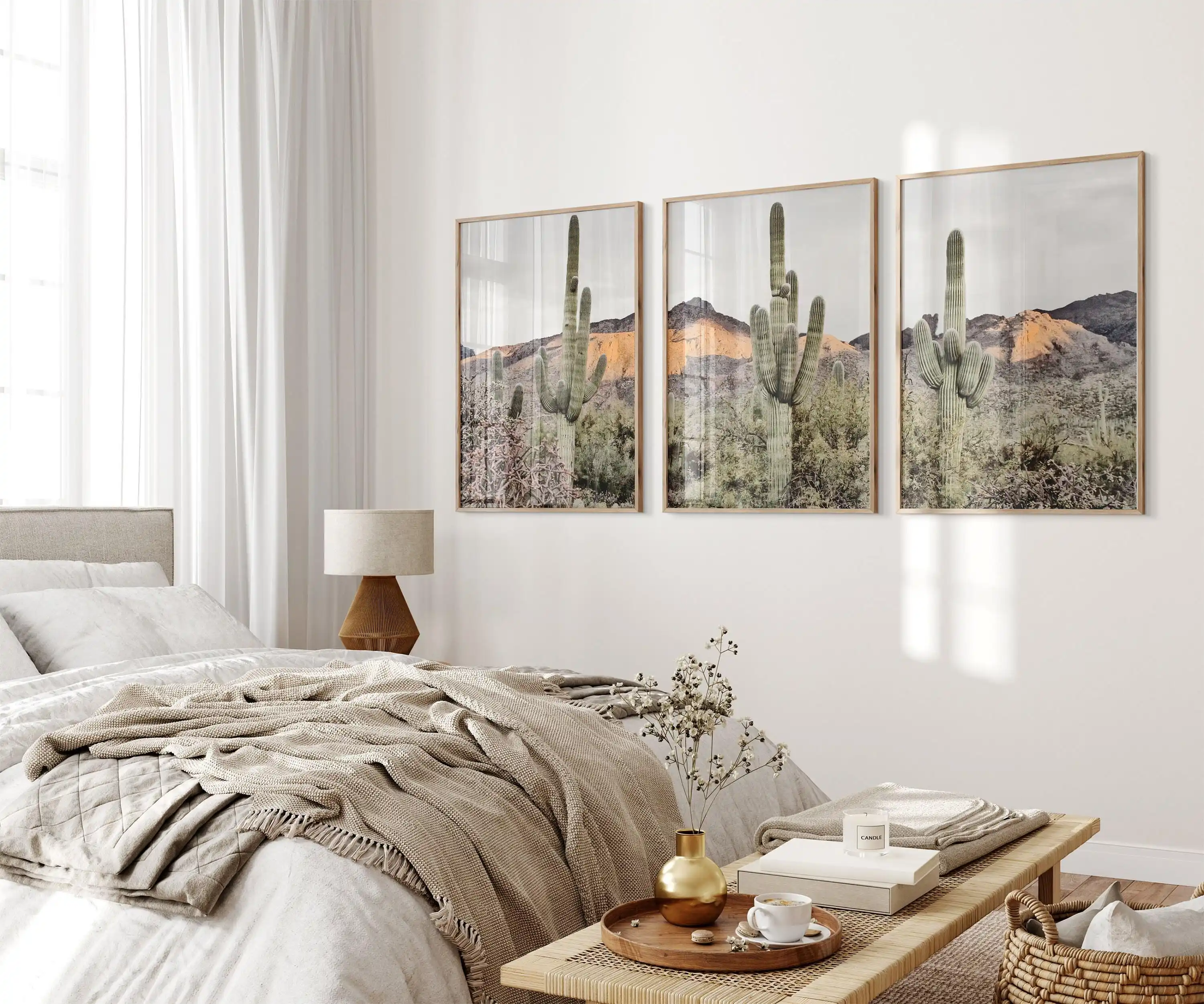 3PCS Large-sized frameless canvas paintings,Saguaro Desert 3-Piece Photography Set – Arizona Landscape Split Prints, Saguaro Cac