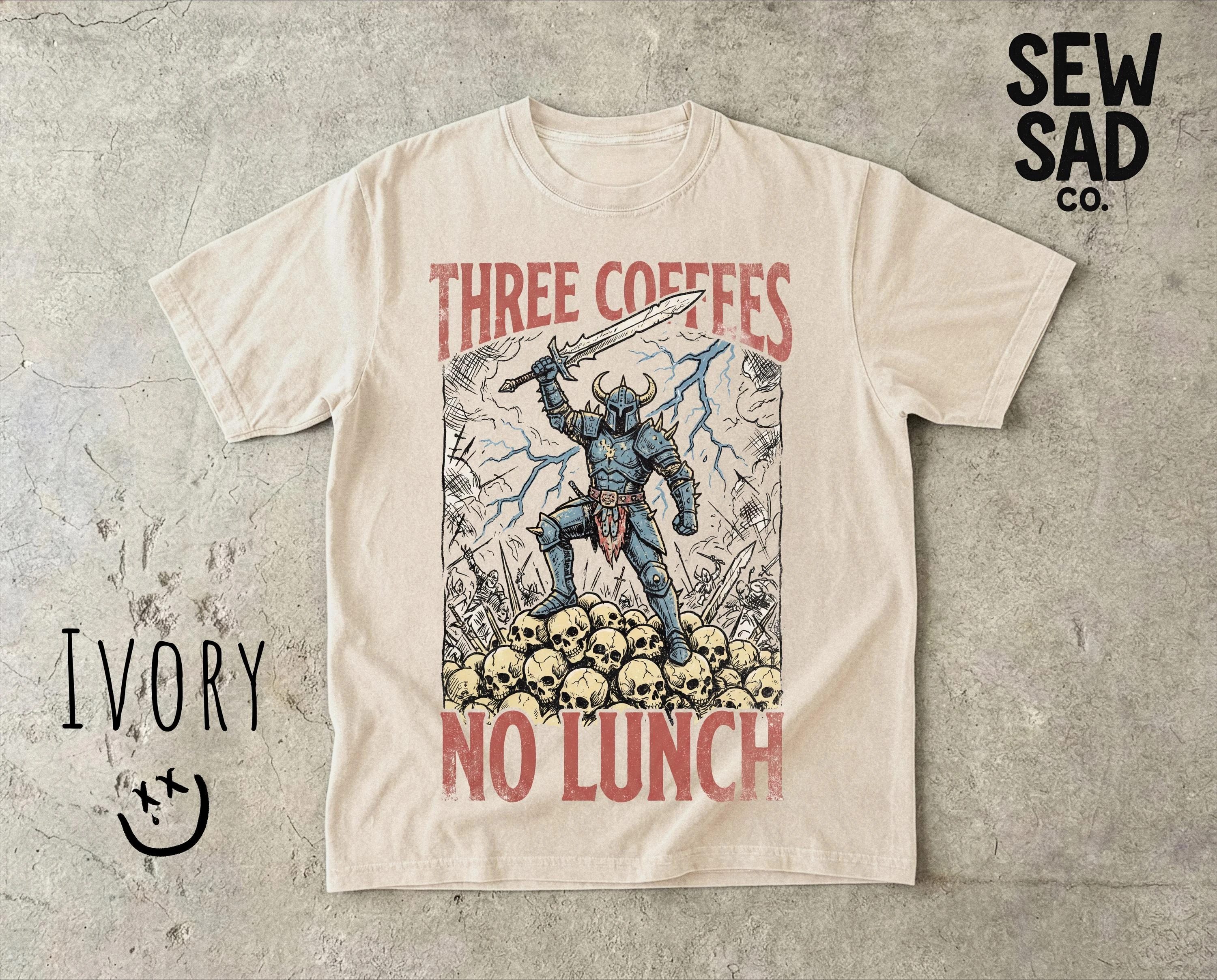 Three Coffees No Lunch Comfort Colors Shirt, lustiges Kaffee-T-Shirt, dunkles Humor-Shirt, sarkastisches Arbeits-T-Shirt, Warrior-Grafik-Shirt – Detail 3