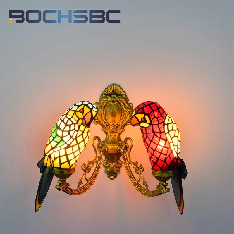 

BOCHSBC Tiffany style stained glass vintage double head wall light Animal Red Parrot Dining room hallway balcony LED decor