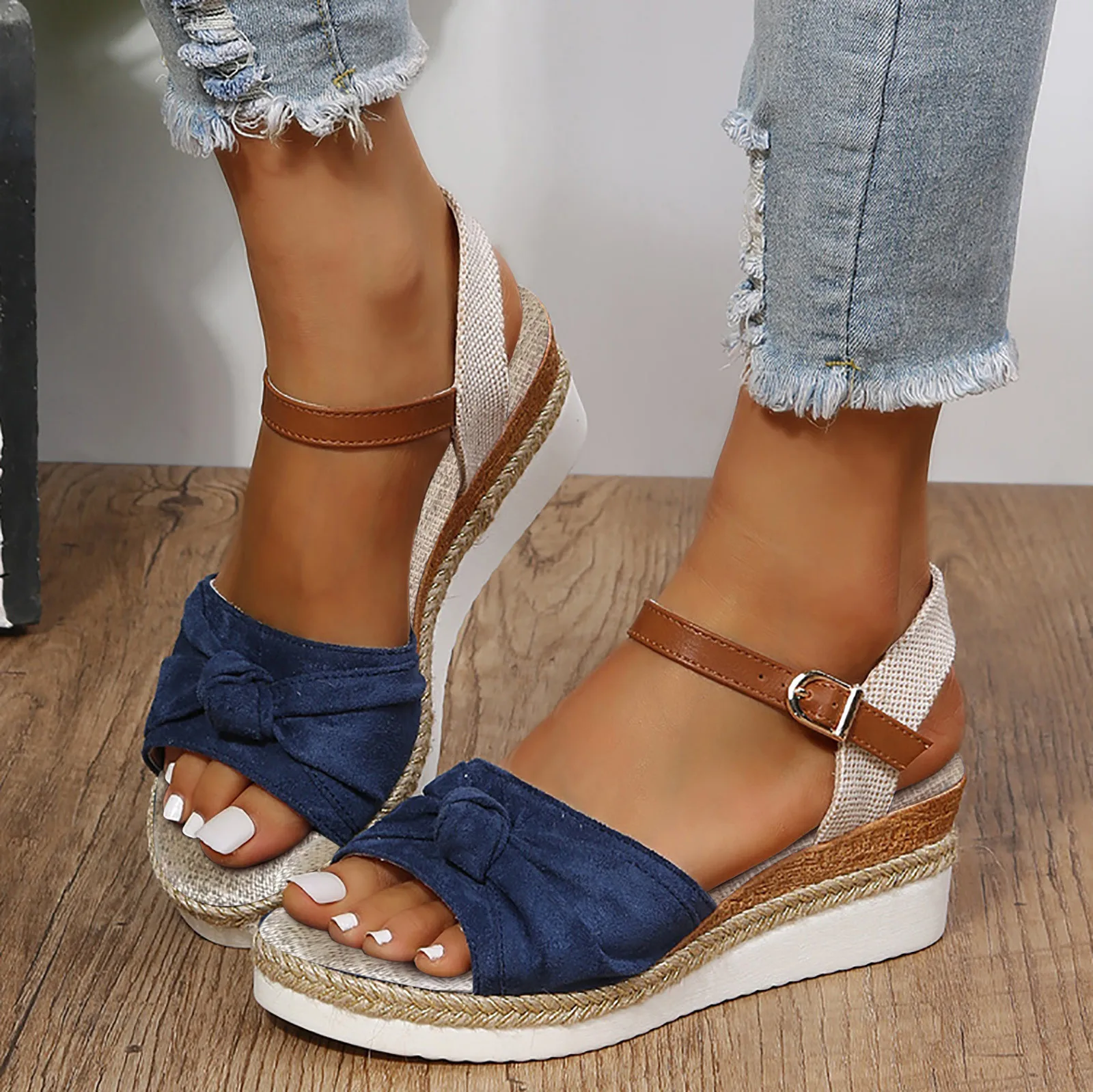 Espadrilles Wedge Sandals for Women Summer Open Toe Non Slip Gladiator Shoes Fashion Bowtie Platform Buckle Sandalias Mujer 2024