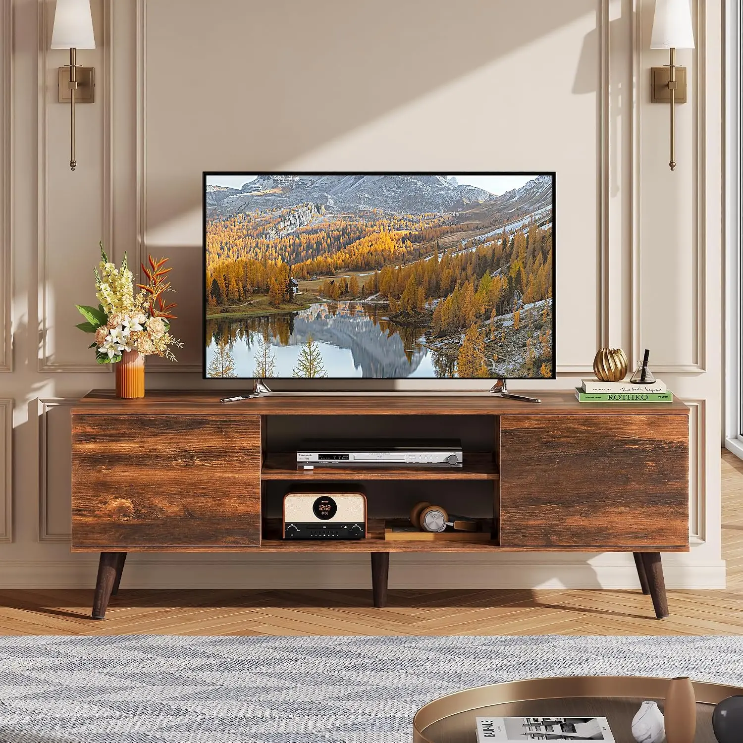 Mid-Century Modern TV Stand for 55-60 Inch TVs, Entertainment Center with 2 Cabinets, Adjustable Shelf & Soft-Close Hinges, Media Console Table view 2