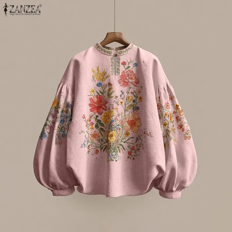 ZANZEA Damska Modna Bluzka Vintage z Nadrukiem Tunika Jesienna Długi Rękaw Latarnia Kwiatowy Wzór Koszule Dekolt V Casual Bluzki Damskie