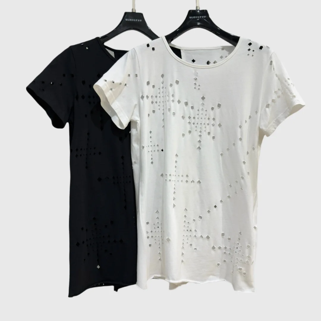 

High Street New Style Hollow-Out Paneled Top Women Casual Fashion Tees T-Shirts Women's Clothing