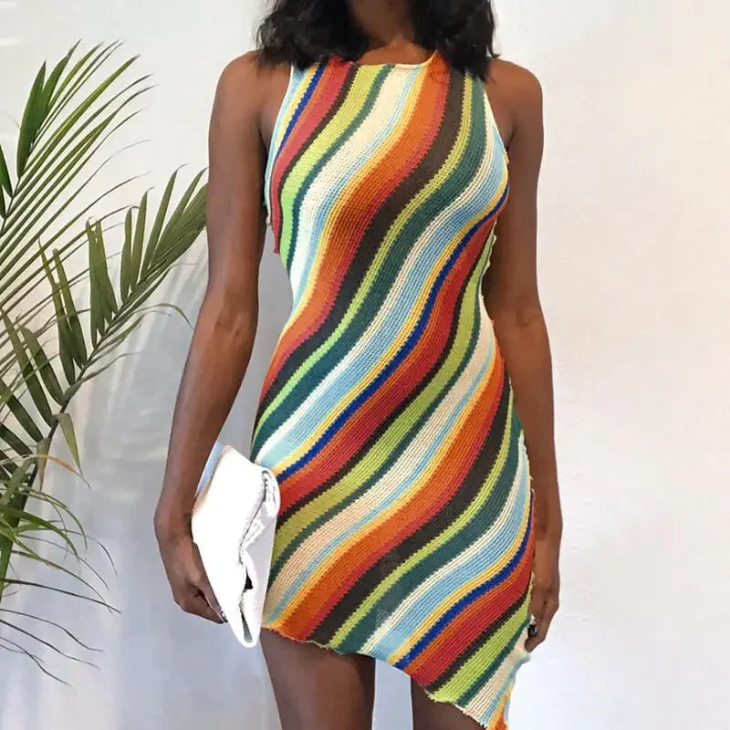 

2024 New Sexy Dress Club Fashion Slim Sleeveless Round Neck Striped Striped Dress Women 2024 Dress Party Halter Tight Knit Retro
