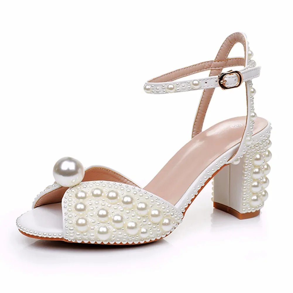 New Fish Mouth High Heels Party Women\'s Sandals Luxury Thick Heels Water Diamond Pearl Women\'s Dress Wedding Shoes