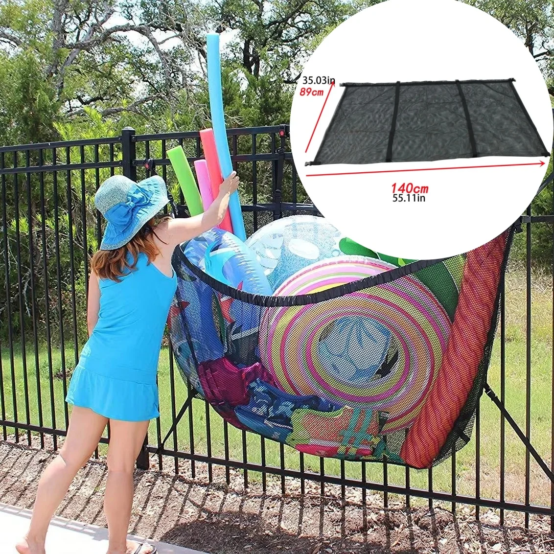 

Large Capacity Heavy Duty Pool Storage Bag, Adjustable Mounting Net for Pool Inflatables, Balls, Beach Toys, Outdoor Mesh Organ