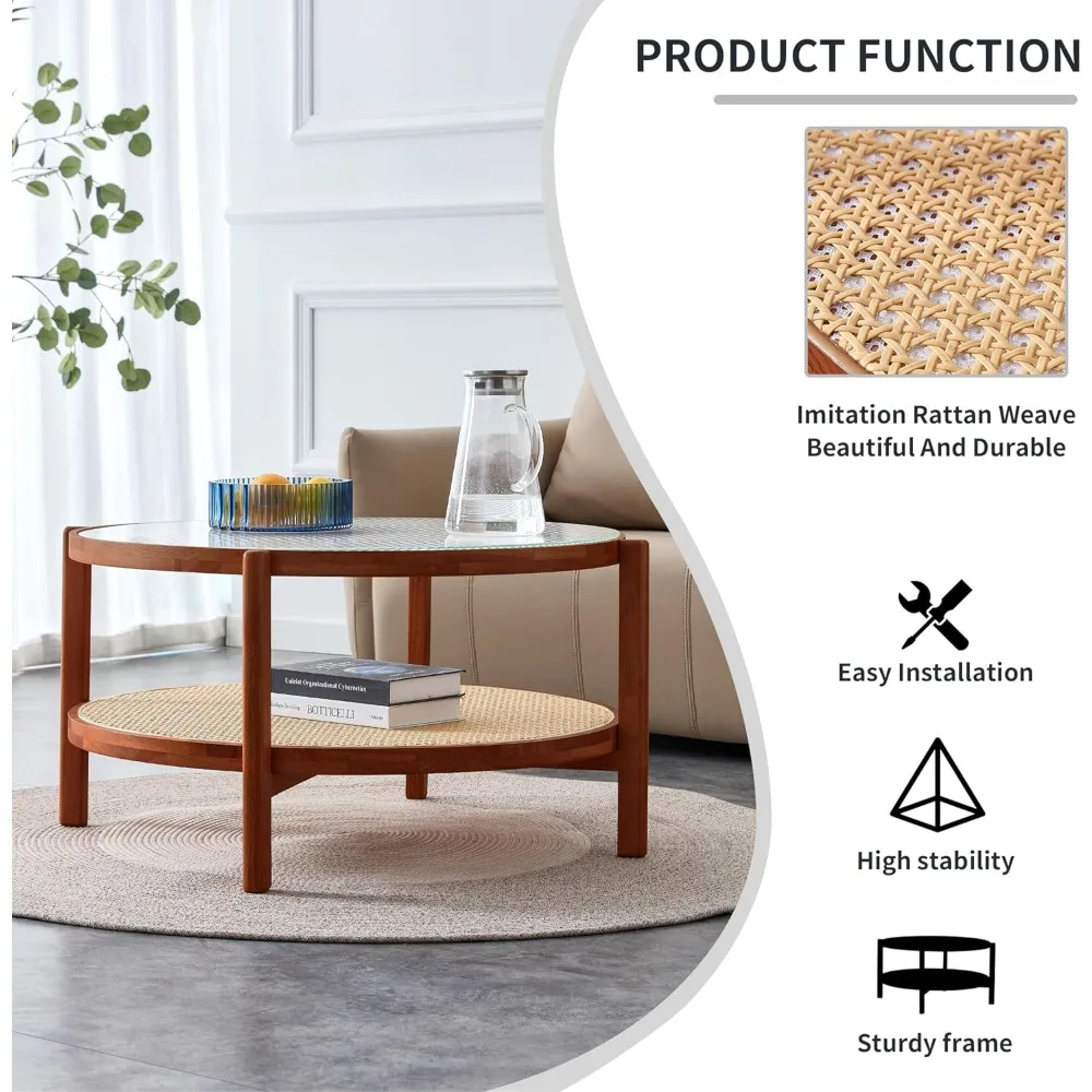 Modern Imitation Rattan Round Coffee Table Round 2-Tier Solid Wood Glass Table Top Sofa Side Tea Table for Living Room Bedroom
