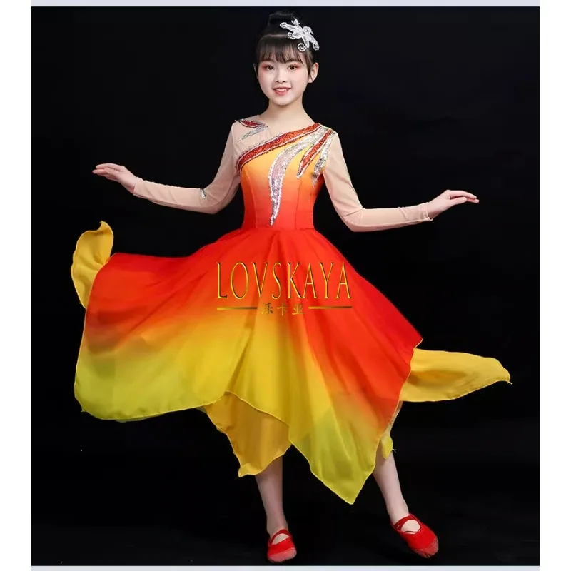 Chinese classical dance performance costumes red New Year\'s Day children modern dance dresses performance costumes