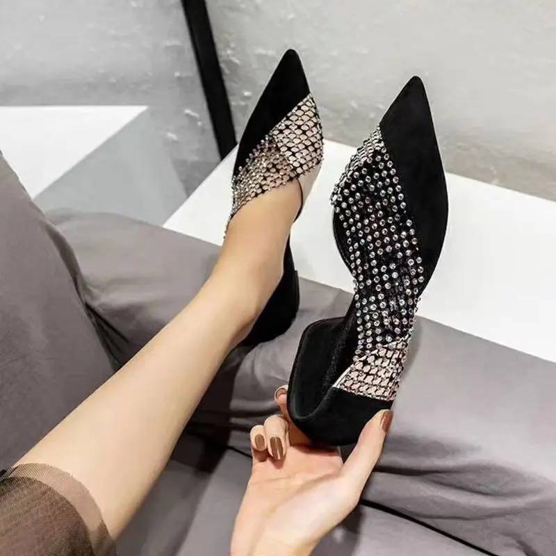 

New Summer Crystal Pointy Women's Shoes 2026 Women's Flat Single Shoes Female Vintage Hollow Sandals Girls Spring Shiny Shoes