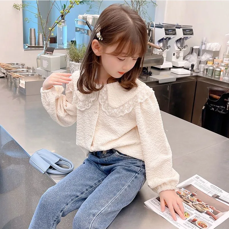 2024 Versatile Trendy Bottom Doll Shirt Spring and Autumn New Girl Pearl Lace Flip Collar Soft White Shirt