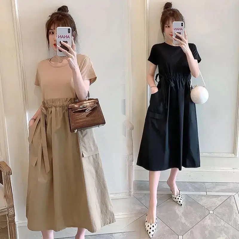 Large Size Summer Casual Slimming and Flesh Covering Fake Two-piece Dress with Waistband Tie Up T-shirt Skirt and Black Skirt