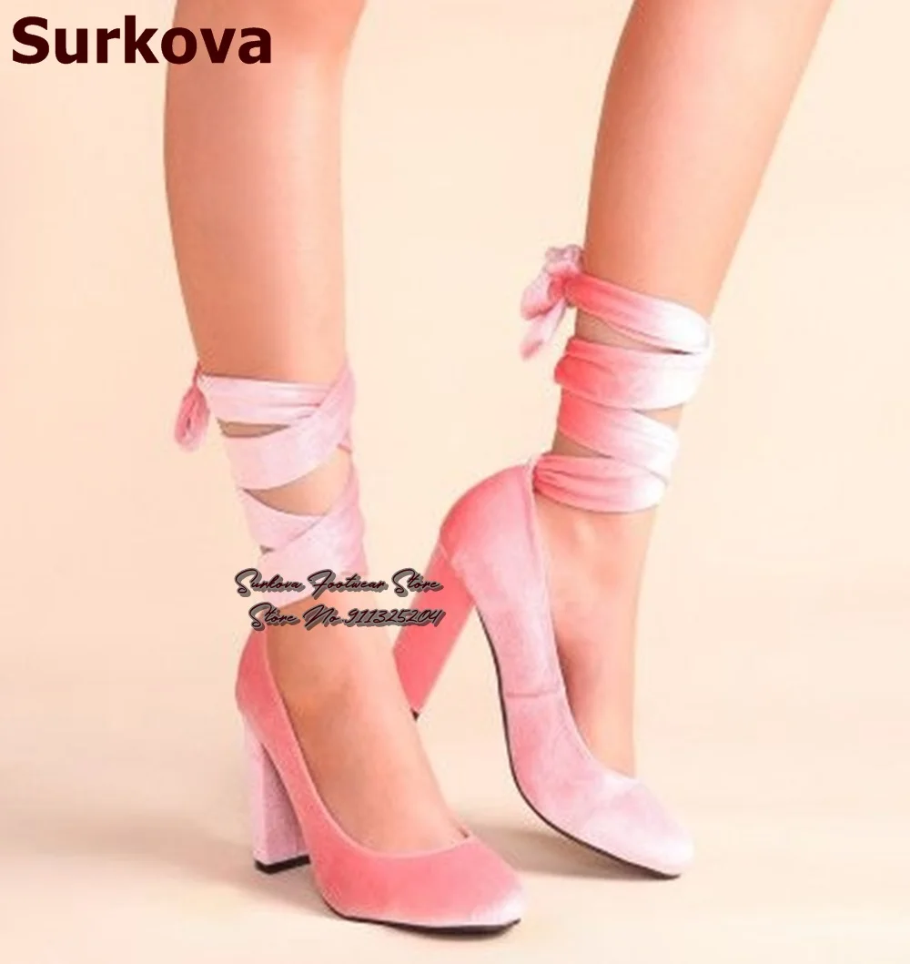 Surkova Pink Green Velvet Chunky Heel Dress Pumps Lace-Up Shallow Cut Banquet Shoes Cross Fastening Evening Footwear Size47