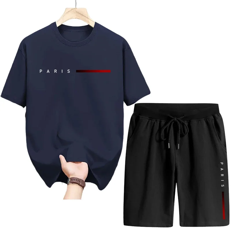الصيف Hot البيع الرجال مجموعة عالية الجودة القطن الخالص تي شيرت سريعة الجافة السراويل باريس موضة مطبوعة رياضية الذكور ملابس غير رسمية