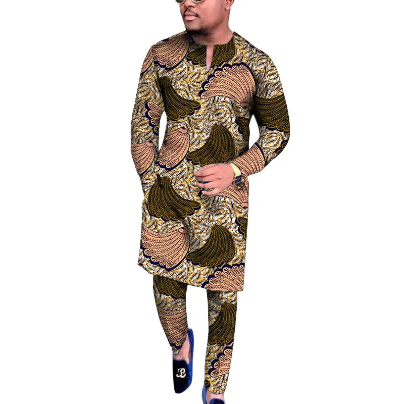 Original Design African Print V-neck Men’s Set Retro Style Shirt Patch Elastic Waist Pants Tailored Traditional Party Outfits