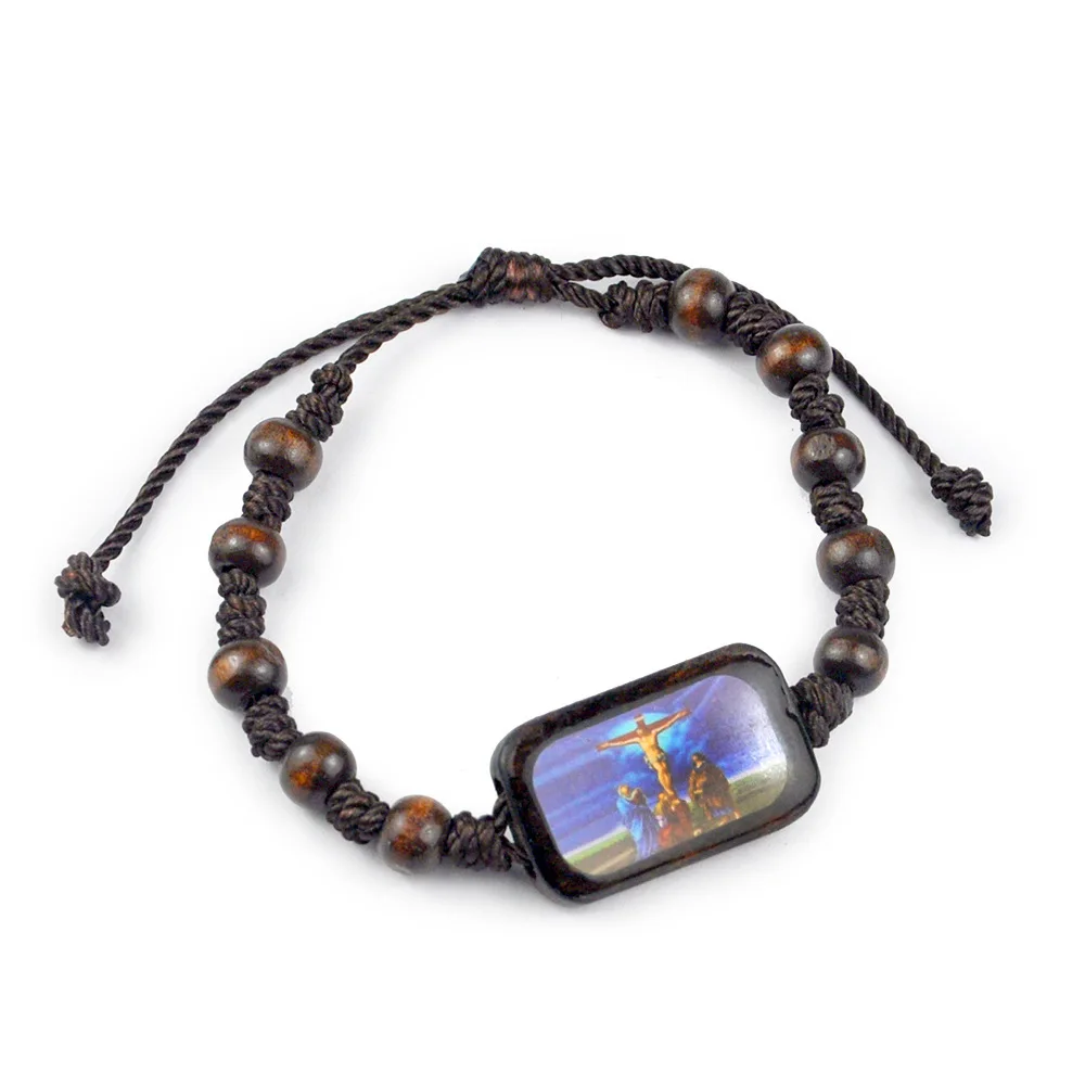 Natural Wooden Religious Bracelet Catholic Jesus Virgin Mary Colorful Sticker Accessory Dropshipping