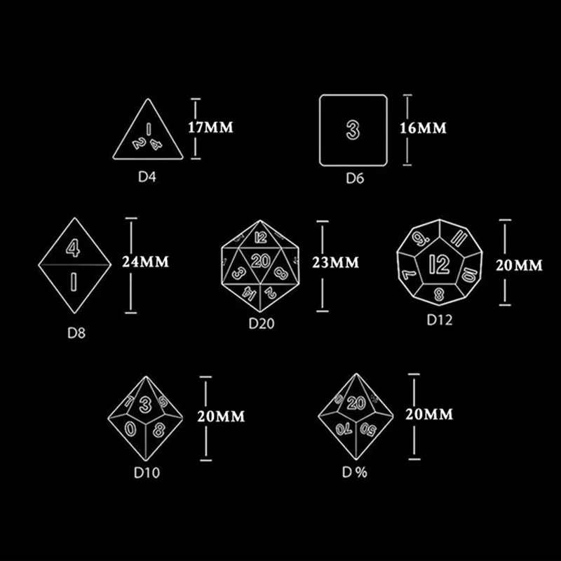 Juego de dados en blanco y negro D4 D6 D8 D10 D % D12 D20, juego de dados de mesa DND RPG, 7 unidades