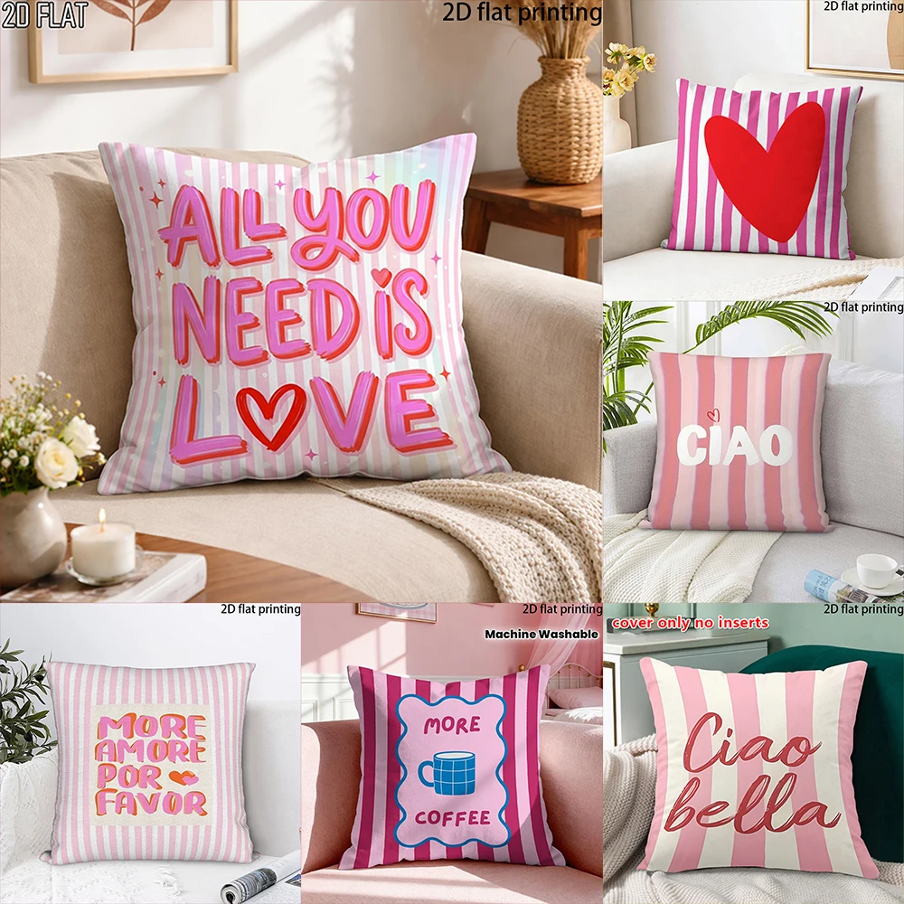 2D Flat-1pc Pink Striped Love Throw Pillow Covers , Suitable for sofas, living rooms, offices, pillow covers.