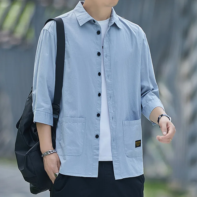 Summer Autumn Cotton Chinese Casual Loose Shirt Man Three-quarter Sleeve Stand Collar Blouse Male Solid Top Streetwear Clothes