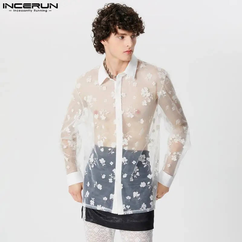 2024 Men's Shirt Mesh Transparent Jacquard Lapel Long Sleeve Sexy Men Clothing Streetwear Fashion Party Camisas S-5XL INCERUN