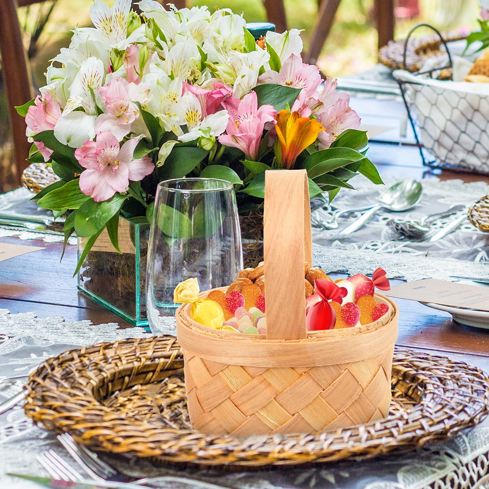 

1pcs Wood Chip Woven Basket Handmade Wedding Favor Rustic Mini Snacks Candy Holder Flower Girl Basket Natural Wood Material