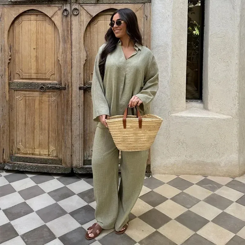 

Spring Summer Casual Linen Shirt Pant Set Women 2025 Solid Vacation Outfit Long Sleeve Lapel Blouse Wide Leg Loose Trouser 2pcs