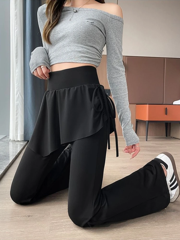 Slimming High-Waisted Women's Yoga Pants False Two-Piece Design Flared Casual Sports Trousers Black Stretchy Figure-Flattering