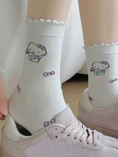 5/10 /15Pairs random of miniso  version Academic style sanrio Cartoon pattern Hello Kitty Cute and sweet Women's Mid-Calf Socks image 6