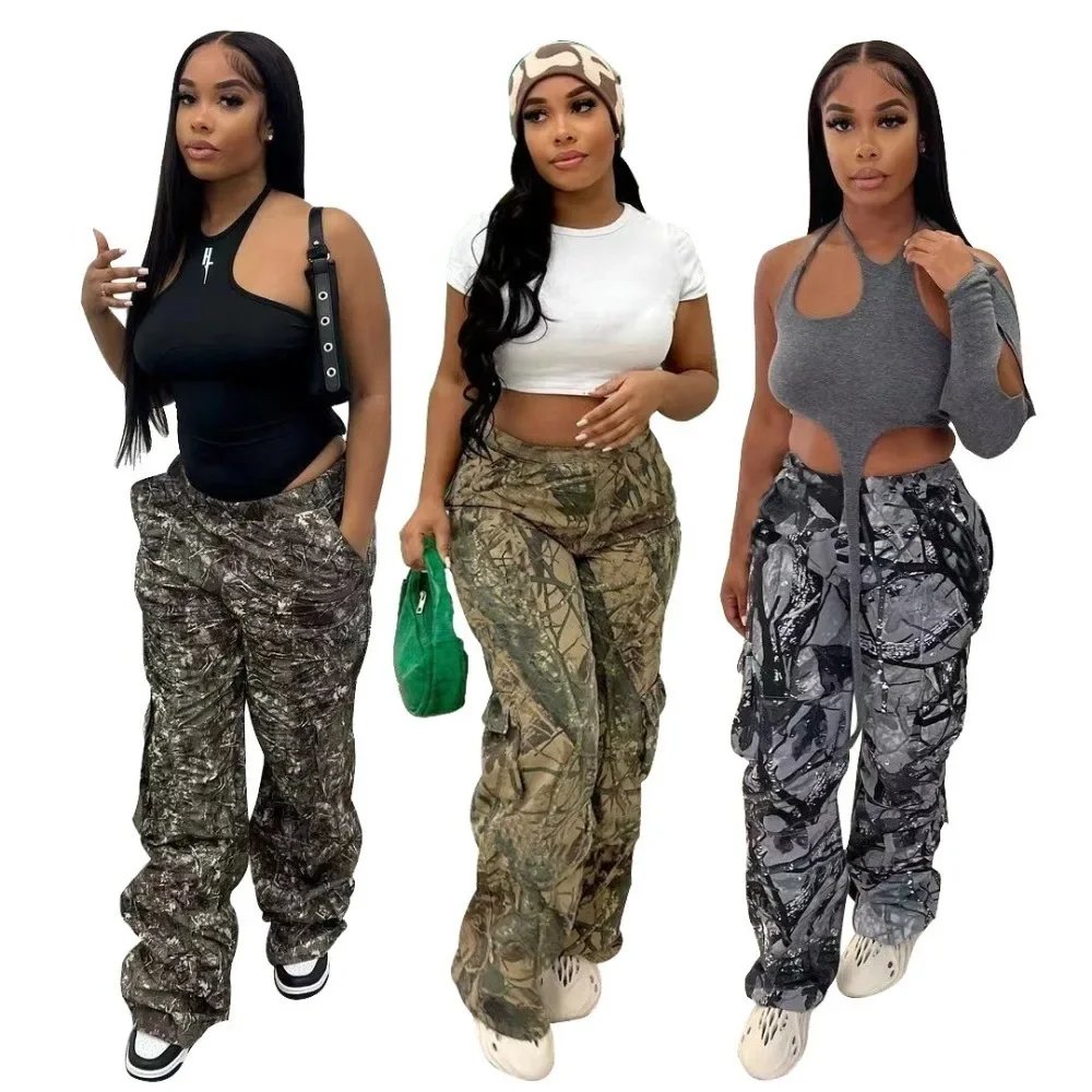 

Europe and The United States Hot Girl Loose Fashion Casual Sports Pants Hunting Field Camouflage Print Large Pocket Cargo Pants