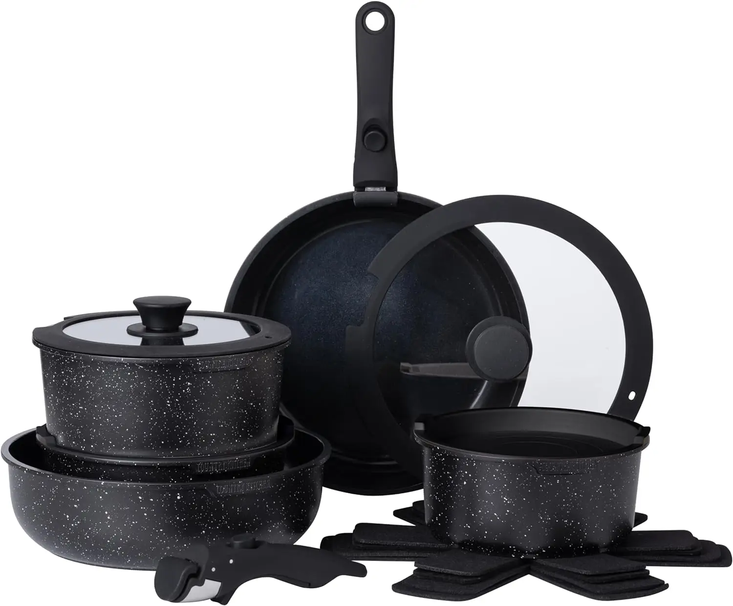 13 Piece Pots and Pans Set - Safe Nonstick Kitchen Cookware with Removable Handle, RV Cookware Set, Oven Safe (Black)