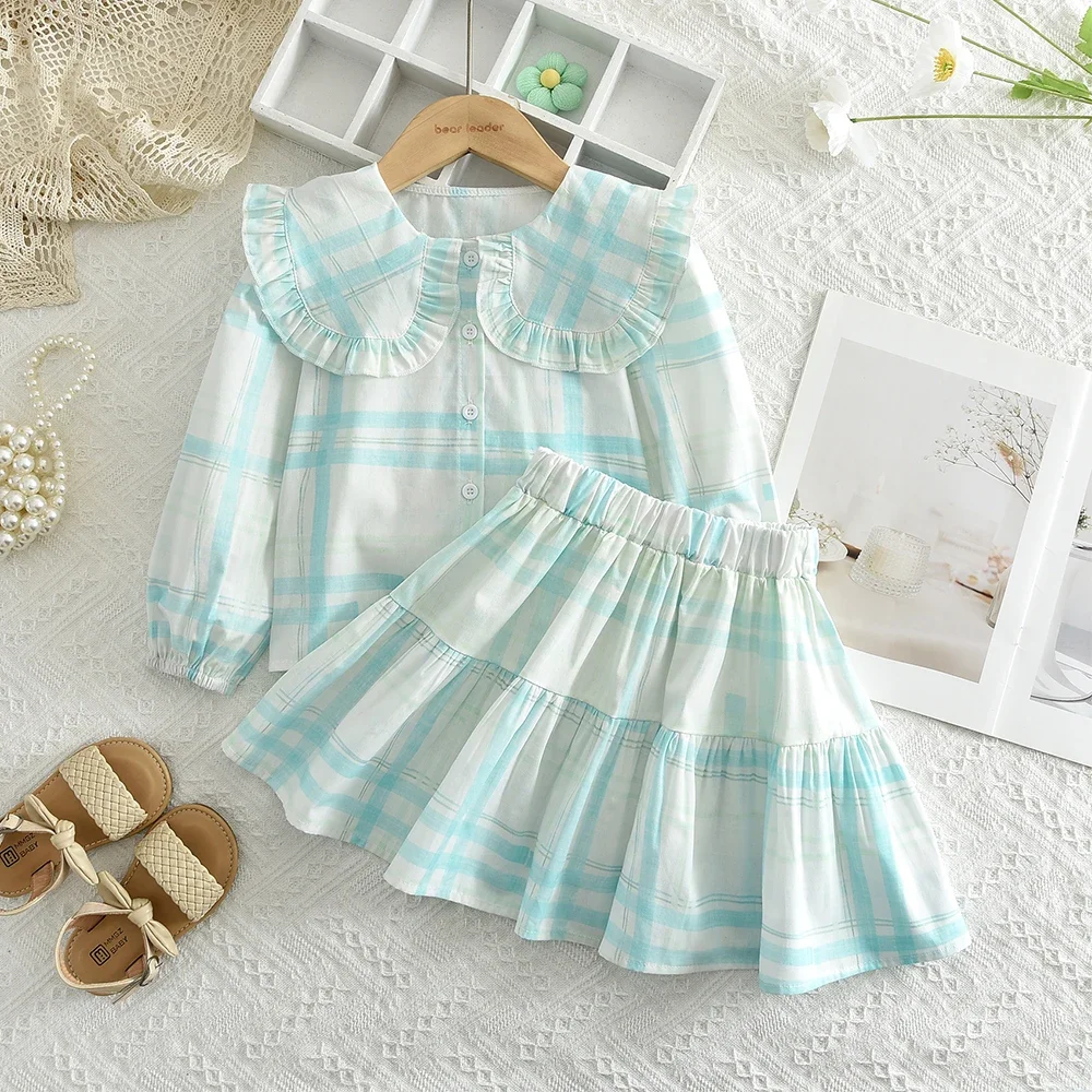 Frühling/Sommer Koreanische Version Kariertes Bedrucktes Kinderoutfit Mädchen Baumwollkleidung Herbst Langarm-Shirt Top+Kurzer Rock – Detail 29