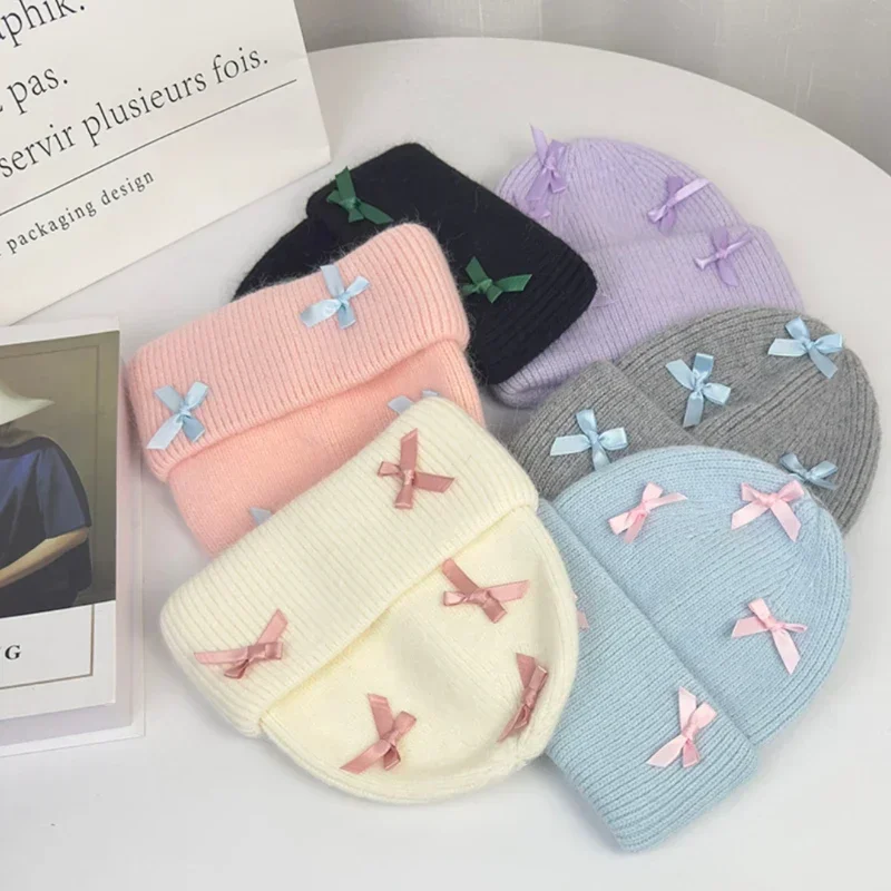 جديد الأنجورا الأرنب الفراء القوس قبعة الشتاء للنساء محبوك رقيق قبعة السيدات موضة الدافئة أفخم الجمجمة المرأة سميكة الصوف قبعة Y2k