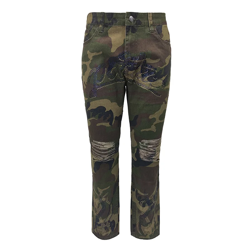 Y2K Heavy Industry Hot Diamond Men's Jeans Retro Washed Hole Design Letters Flame Trendy Personalized Casual Pants