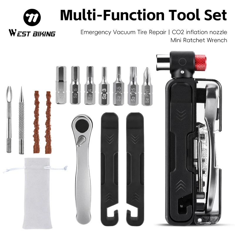 WEST BIKING 15-in-1 Multifunktions-Schraubenschlüssel-Set Tragbares Aluminium-Legierungs-Magnet-Ratschenschlüssel-Set Pumpendüse Fahrrad-Reparaturwerkzeuge