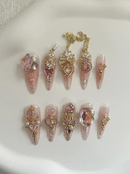 Hand-made LUXURY high quality pink shining diamond with chain amazing beautiful High-ending  finished  artificial nails