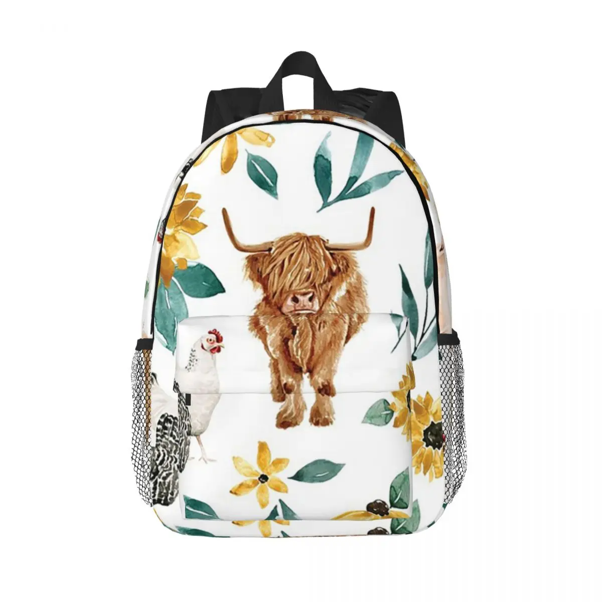 Watercolor Farm Animals And Sunflowers Cow Backpacks Teenager Bookbag Cartoon Students School Bags Travel Rucksack Shoulder Bag