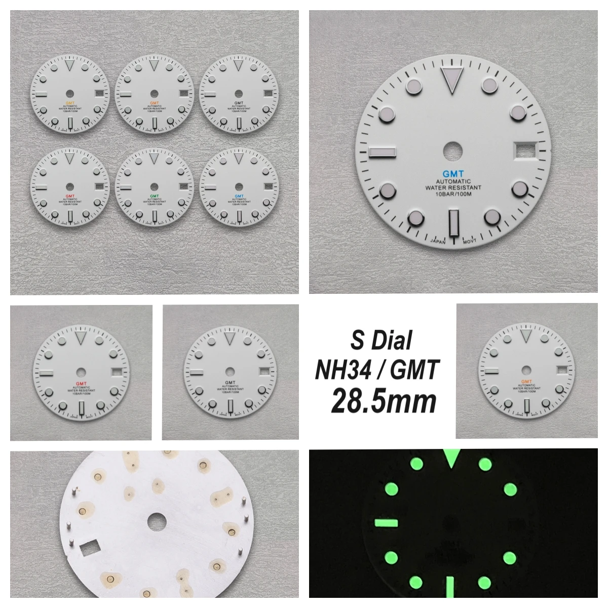

28.5mm S Logo GMT Dial Fit NH34 Movement Green Luminous White Matte Dial Watch Modification Accessories