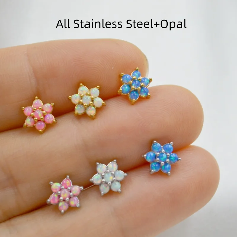 10pcs Surgical  Steel Flower Opal Stone Labret Lip Ring Ear Helix Bar Cartilage Earring Tragus Studs16G