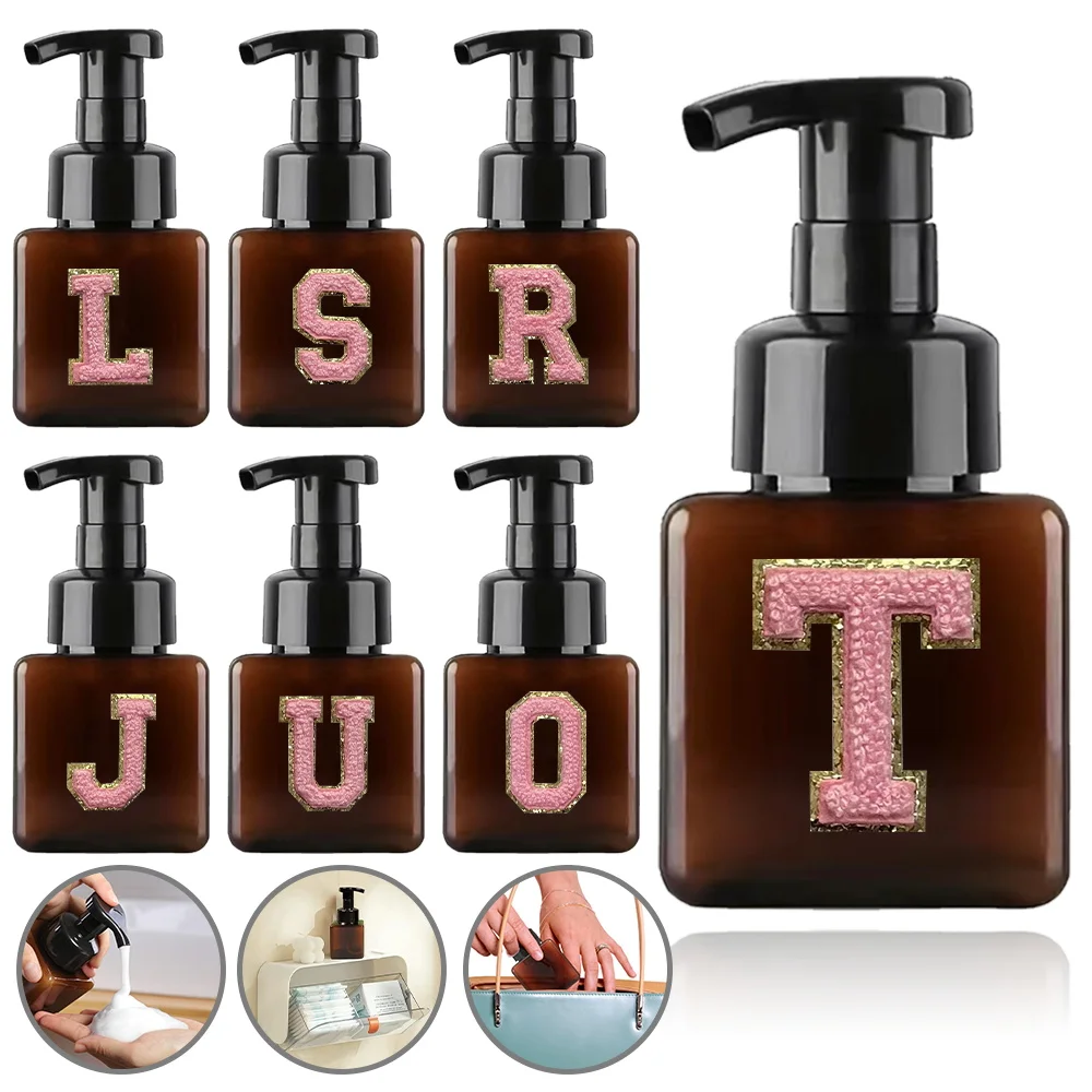 250ml Refillable Foam Pump Bottle Foaming Soap Dispenser Four Party Foam Organizer Large Capacity A-Z 26 Letter Pink Pattern