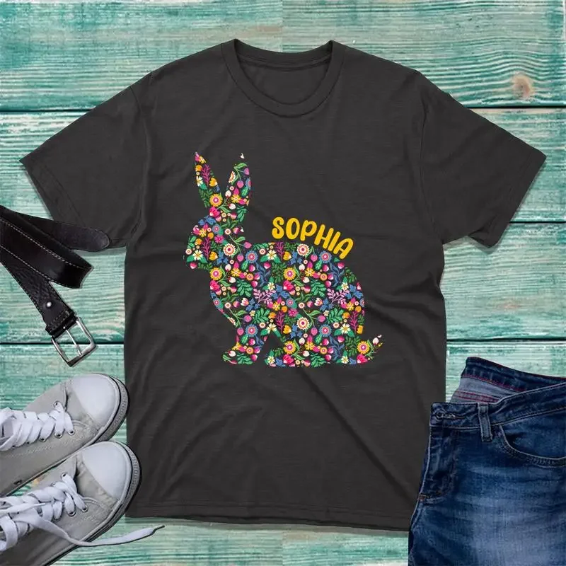 Personalised Floral Bunny T Shirt Easter Spring Flowers Rabbit Top