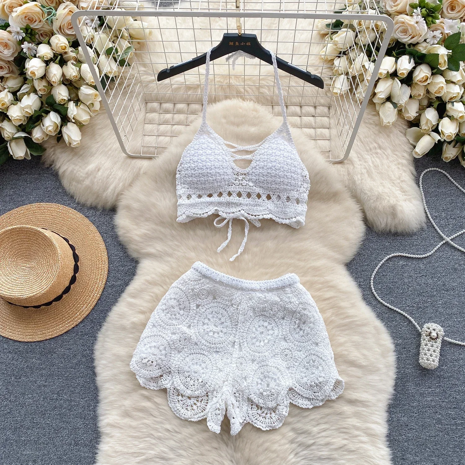 

Beachwear Knitted Suit Backless Sexy Camis+Hooked Hollow Wide Legs Shorts 2025 Y2k Vacation Women Summer Two Piece Set