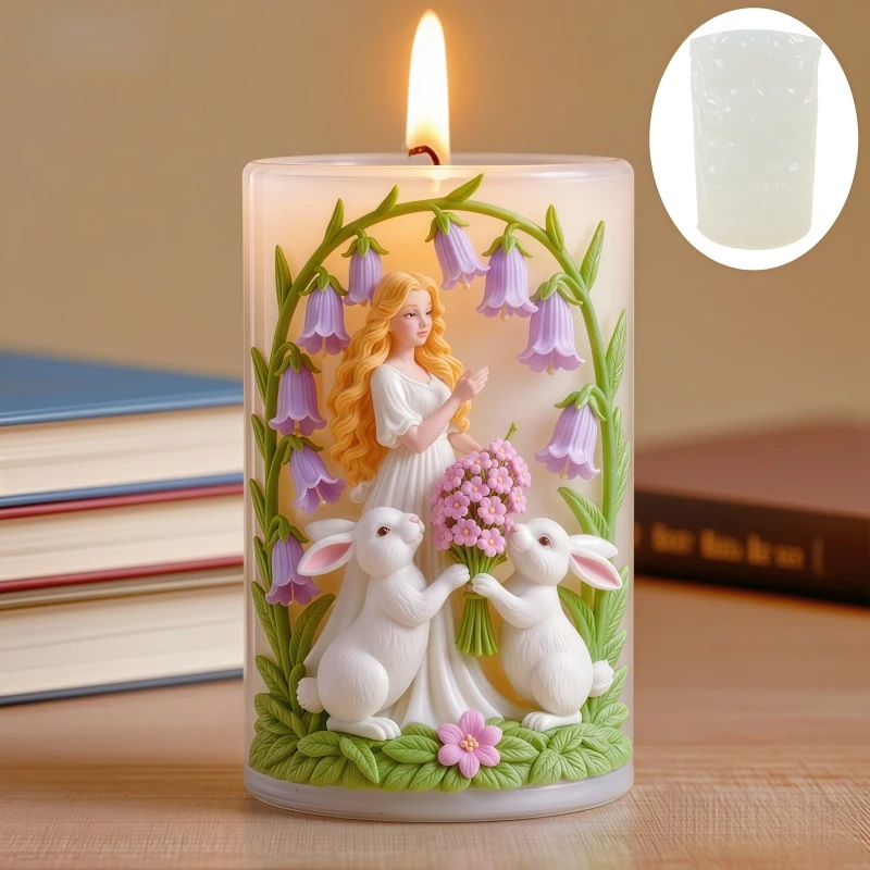 Goddess flower holding rabbit relief cylindrical candle mold Wind chime flower rabbit resin mould Girl flower Bunny gypsum molds