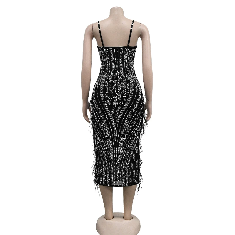 Vestido largo ajustado de malla transparente para mujer, vestido Sexy sin mangas con cuello en V y diamantes de imitación brillantes, vestido de fiesta para discoteca