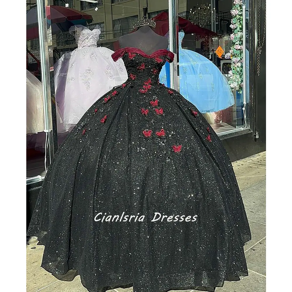 Robes de Quinceanera à plis en cristal scintillant noir avec châle, robe de Rh, appliques papillon 3D, corset en dentelle, robe éducative De XV Anos