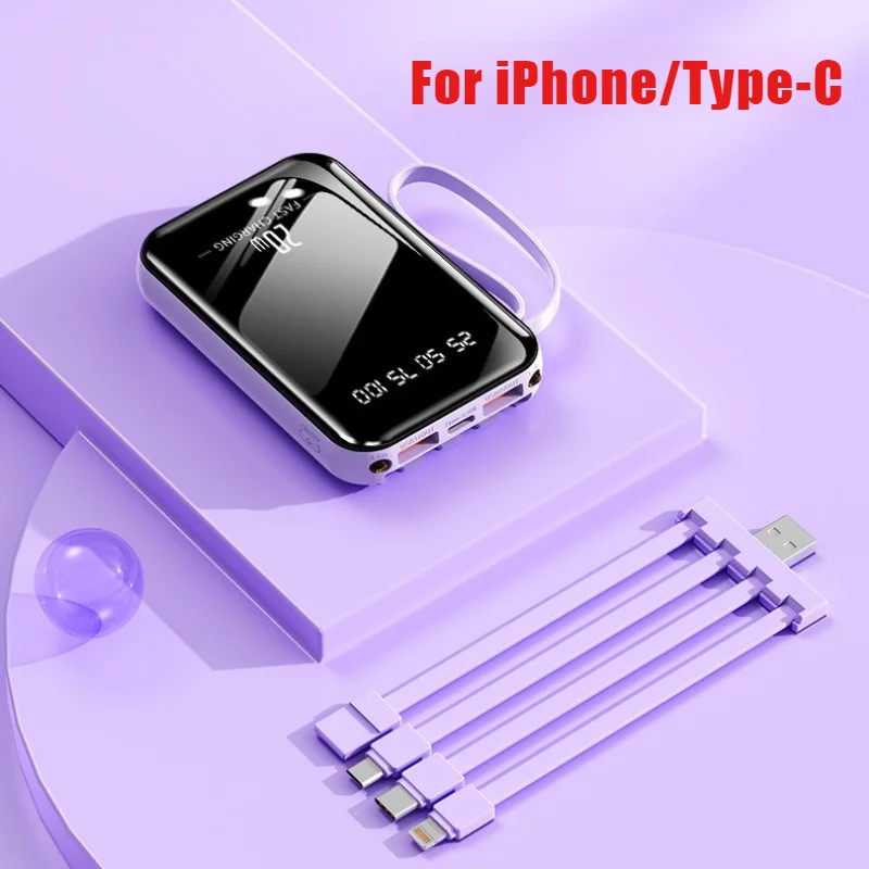 

New Portable Power Bank Comes with Cables Mirror Mobile Supply 20000mAh External Battery Charger Cases for iPhone Samsung Xiaomi