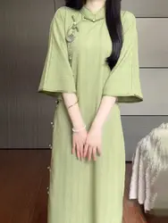 Vestido cheongsam de manga grande invertida feminino, roupa diária das meninas, estilo jovem, estilo chinês retrô, verde, moderno, elegante, verão, novo
